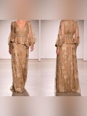 Gold Lace Elegant long Sleeve Peplum Embellished rhinestone Evening Dress Sz 12